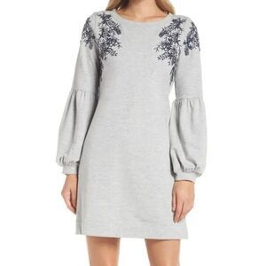 Lilly Pulitzer Grey Bartlett Embellished Jersey Dress, Puff Sleeves, Size XL